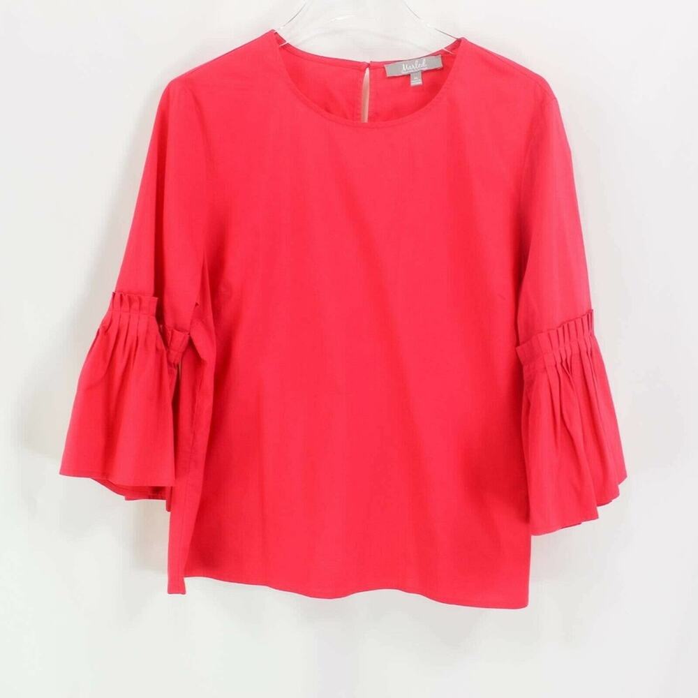 Marled Womens Blouse Red Bell Sleeve Scoop Neck Stretch Keyhole Button